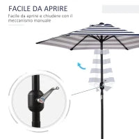 Ombrellone da Giardino Inclinabile Φ230cm, Apertura a Manovella, Palo in Metallo e 6 Stecche, Blu e Bianco
