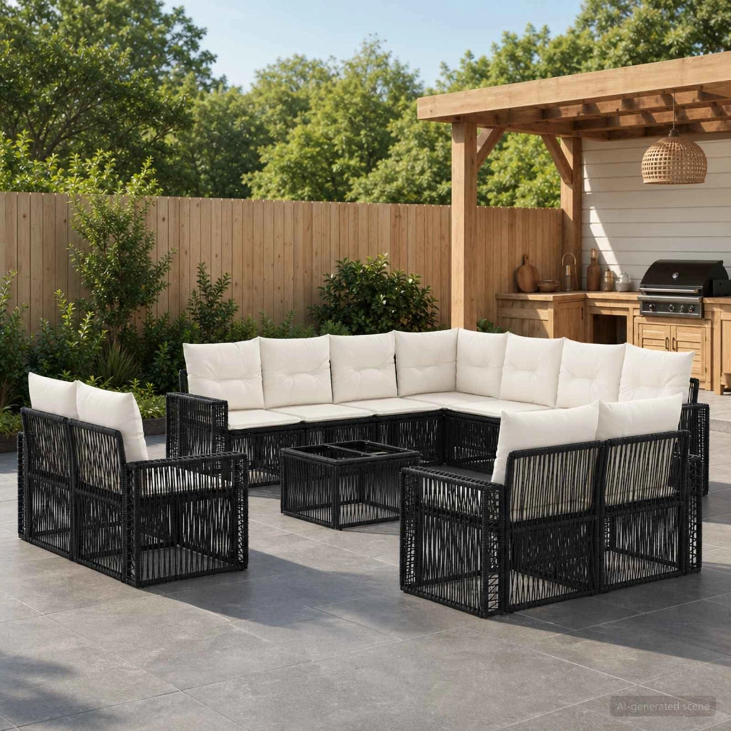 Set Divano da Giardino 12 pz Nero e Bianco Crema polyrattan 3435295