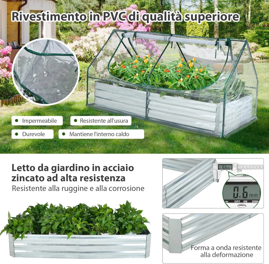Orto Rialzato Zincato con Serra, Aiuola Senza Fondo con Copertura Trasparente, Fioriere con Finestre Avvolgibili per Giardino e Terrazzo (180 x 90 x 91 cm)