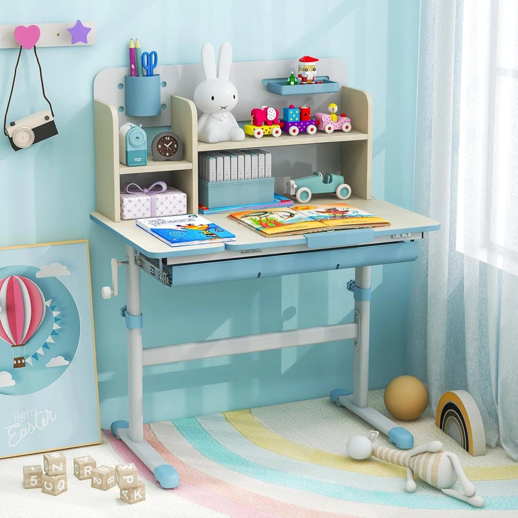 Scrivania per Bambini 3+ Anni Regolabile in Altezza 50-73 cm, Blu | Scrivania da Studio con Piano Inclinabile 60°, Scrittoio Cameretta con Scaffale, Cassetto, Portapenne e Righello