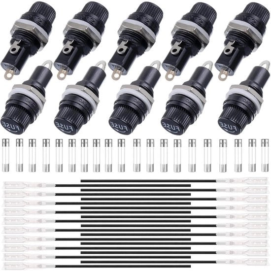 Zavorra per montaggio pannelli 5 x 20 mm 250 VAC 10 A 125 VAC 15 A con vite a viti nera e protezione contro cortocircuito, cavo terminale 18 AWG
