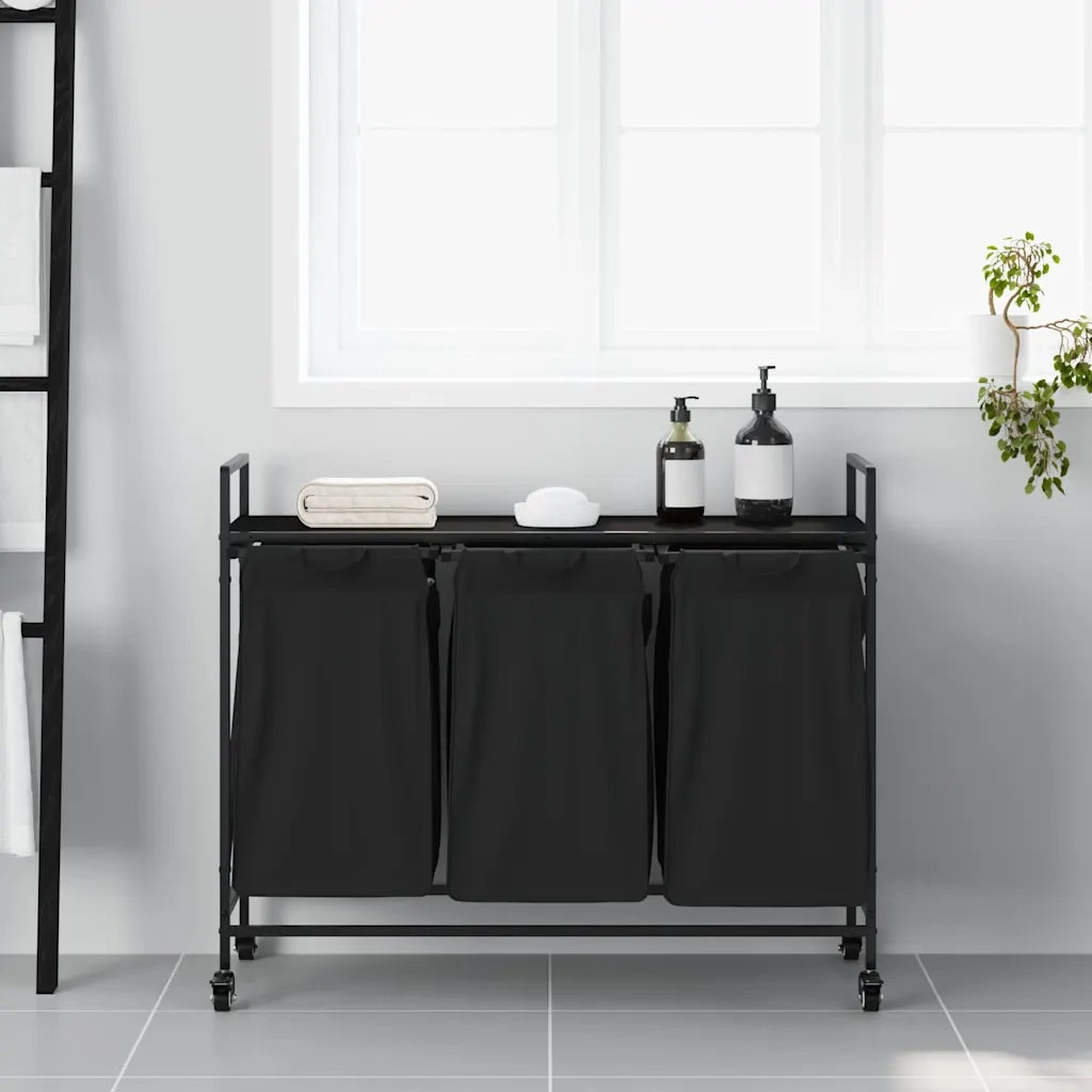 Cesto della Biancheria 3 Scomparti con Ruote Rovere Nero CFW1714317