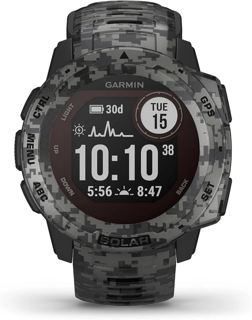 Instinct Solar, Camo Edition, Graphite - Smartwatch Gps Ultra-Resistente con Ricarica Solare, Cardio, Pulseox, App Multisport