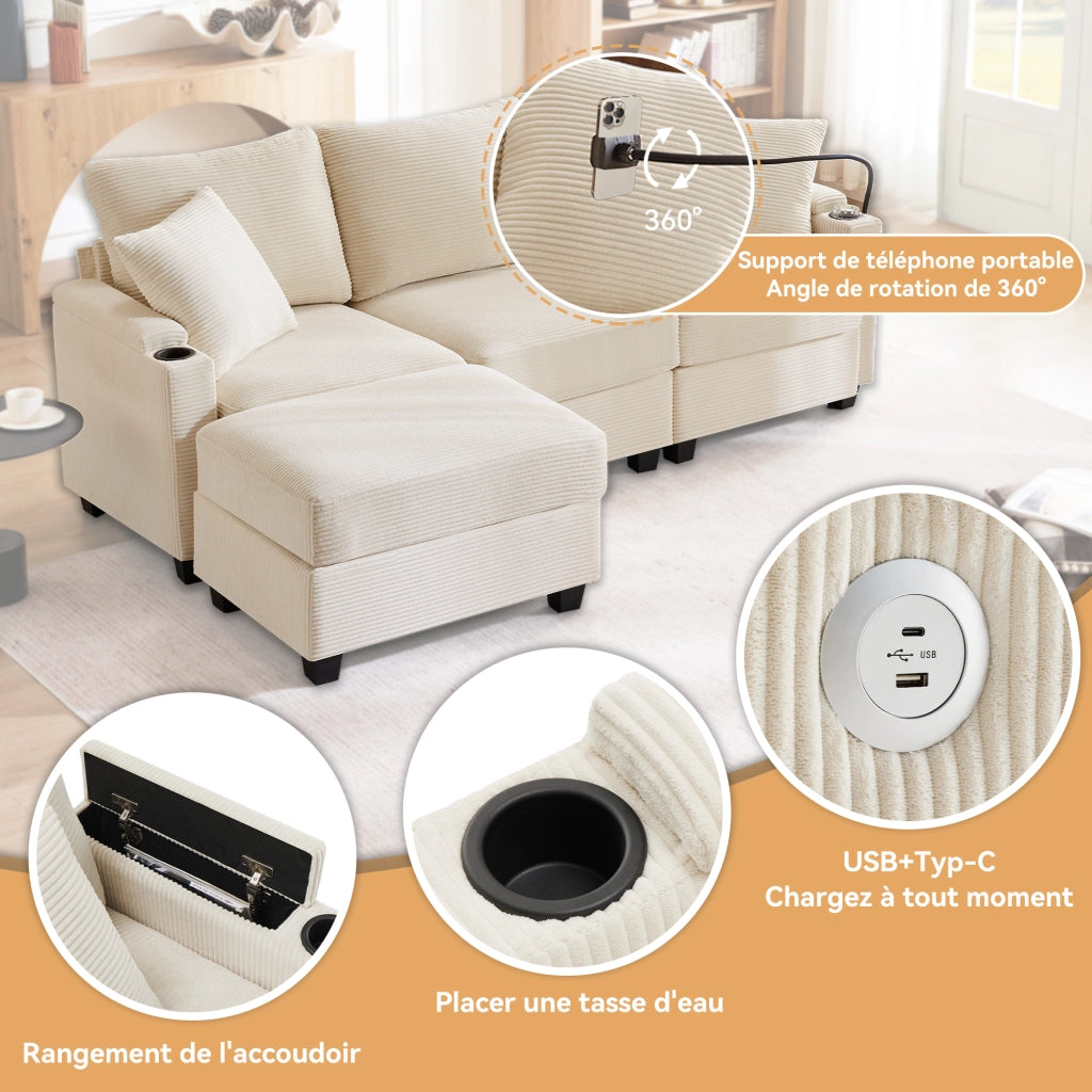 Divano angolare a 3 posti in velluto a coste beige con pouf mobile; porta USB; ripiani e 2 cuscini inclusi