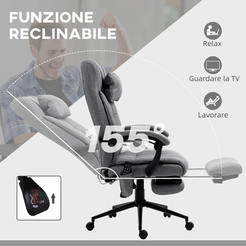 EasyComfort Sedia da Ufficio Reclinabile e Riscaldante con 6 Punti Massaggio e 5 Modalità, Grigio