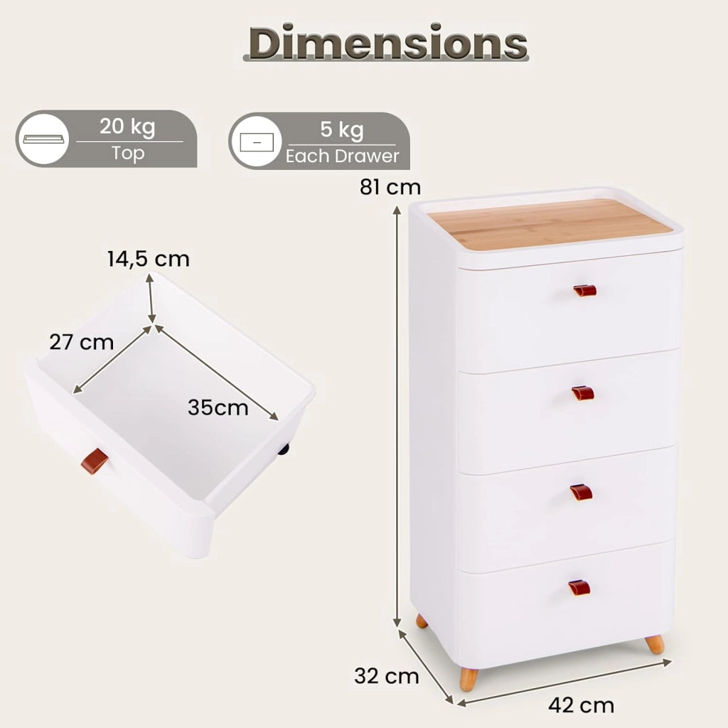 Cassettiera con 4 Cassetti con Vassoio Rimovibile e Gambe in Legno Massello, Cassettiera Camera da Letto in Legno, Armadietto per Soggiorno, Ufficio, Studio, 42 x 32 x 81,5 cm, Bianco