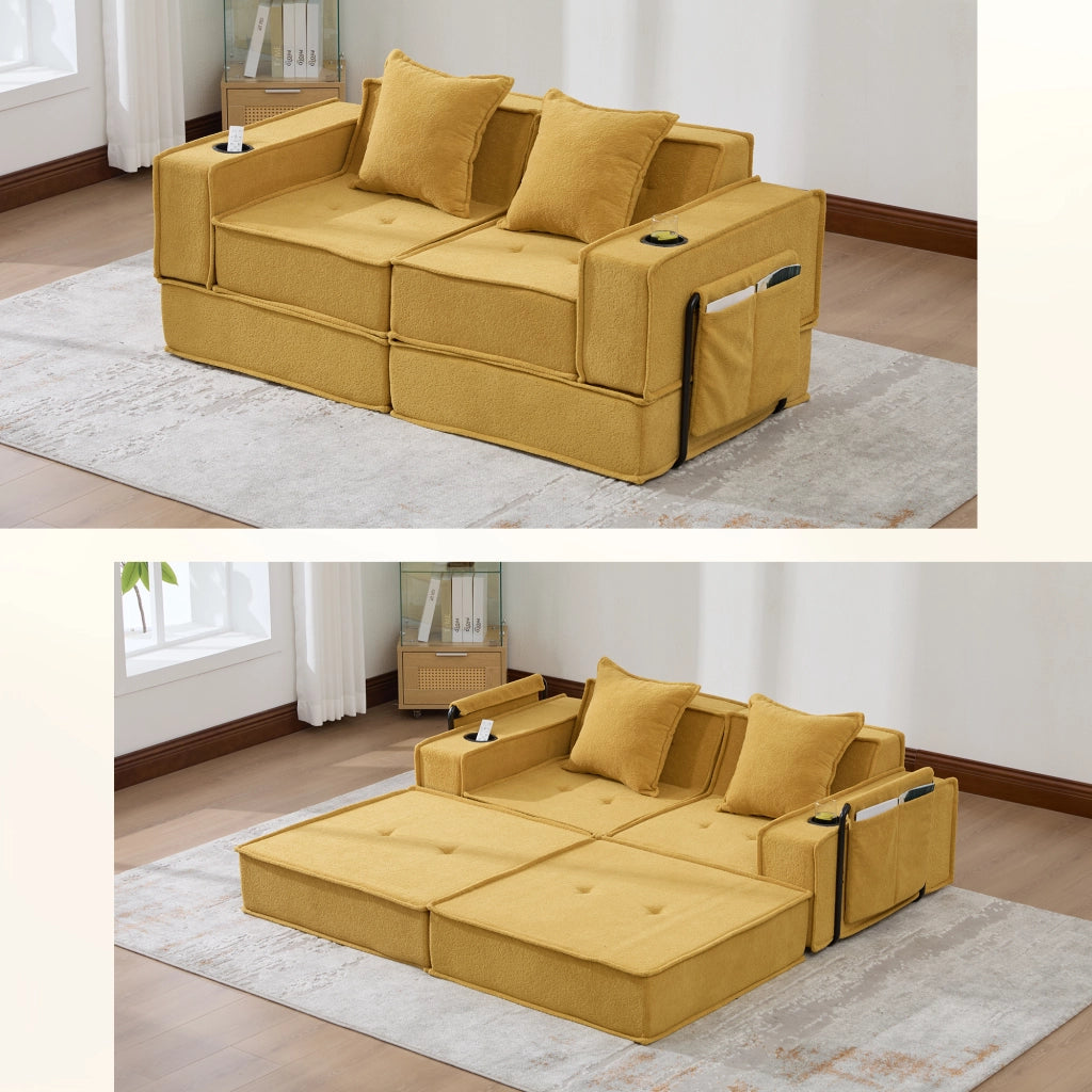 POUF Modulare 162x78x66 cm in Chenille Giallo Senape con 2 Cuscini