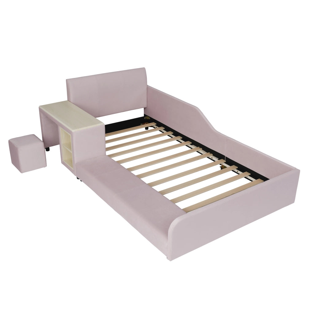 Letto singolo 90x200 cm rosa in velluto con scrivania e sgabello, senza materasso