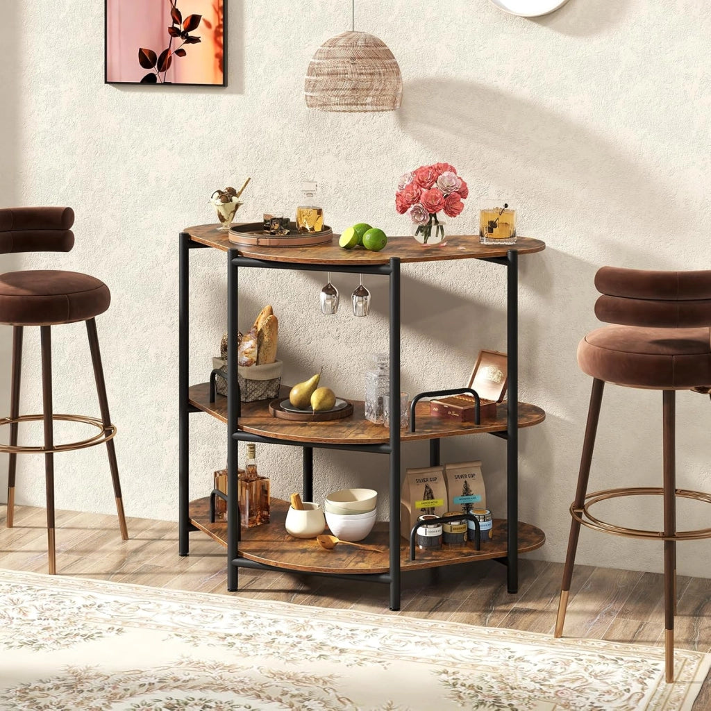 Unità Bar per Liquori, Tavolo Bar Angolare a 3 Ripiani con Portabicchieri da Vino, Altezza Corretta, Paracolpi Metallico Elevato, Scaffale per Vino per Cucina, Sala da Pranzo, Pub (marrone)