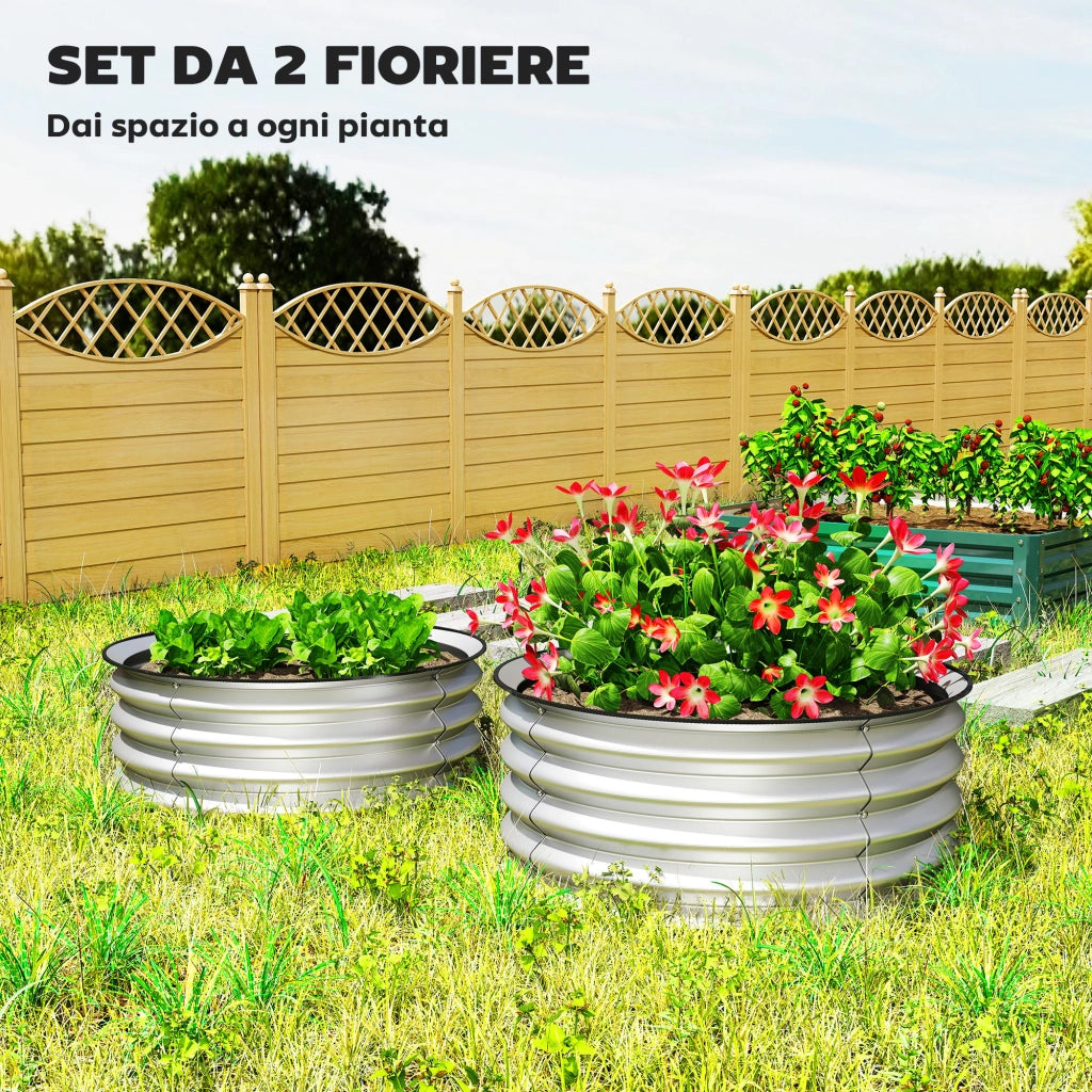 Set di 2 Letti per Orto Rialzati in Acciaio Galvanizzato con Fondo Aperto, ?60x30cm, Argento