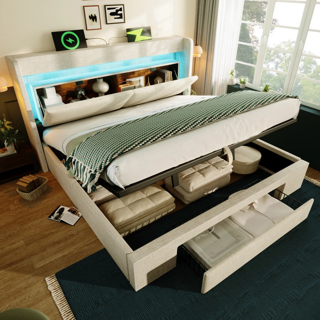 OKWISH Letto Contenitore 160×200 cm, Letto Matrimoniale con Contenitore Idraulico, LED Regolabile e USB e Tipo C, senza Materasso, in Lino, Beige