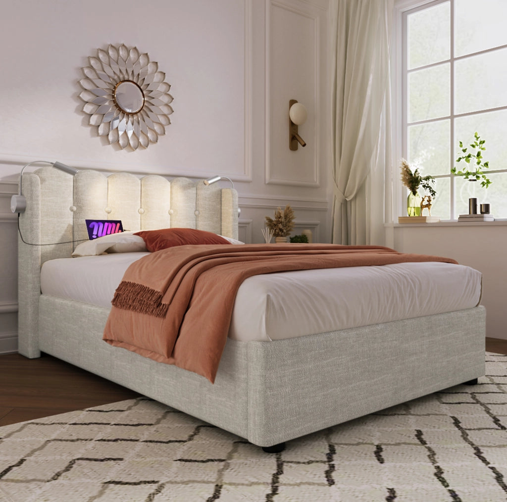 Letto singolo imbottito con luce da lettura, porta USB e contenitore