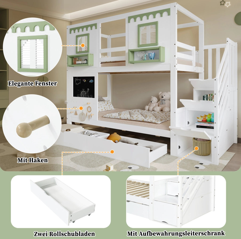 Letto a castello per bambini con cassetti e scala contenitore