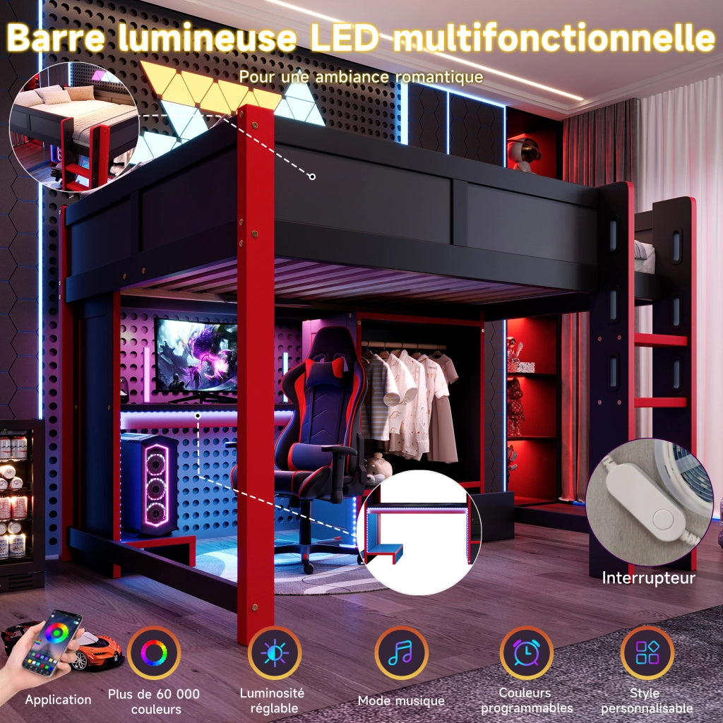 Letto a castello nero rosso con illuminazione LED in pino 140x200 cm