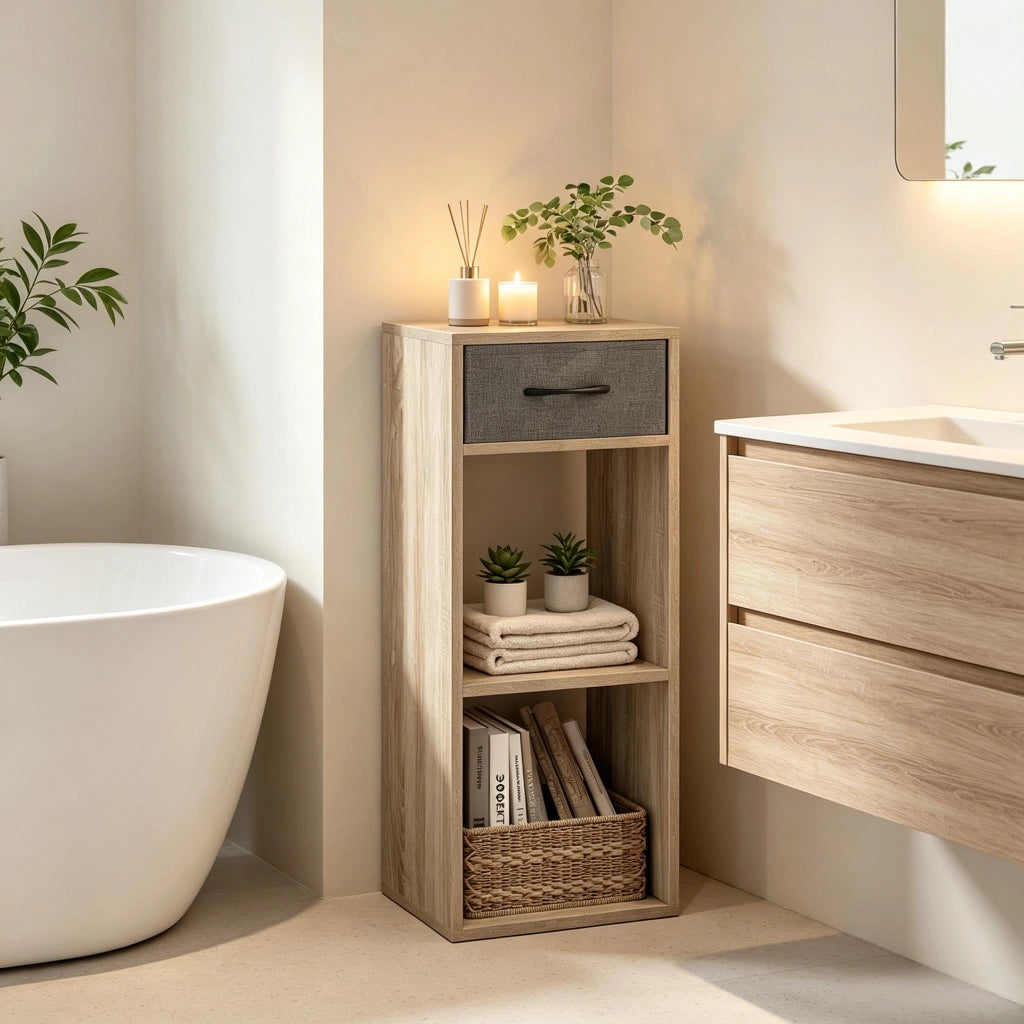 Libreria a cubi da terra con cassetto, 3 ripiani, legno ingegnerizzato, grigio/rovere chiaro