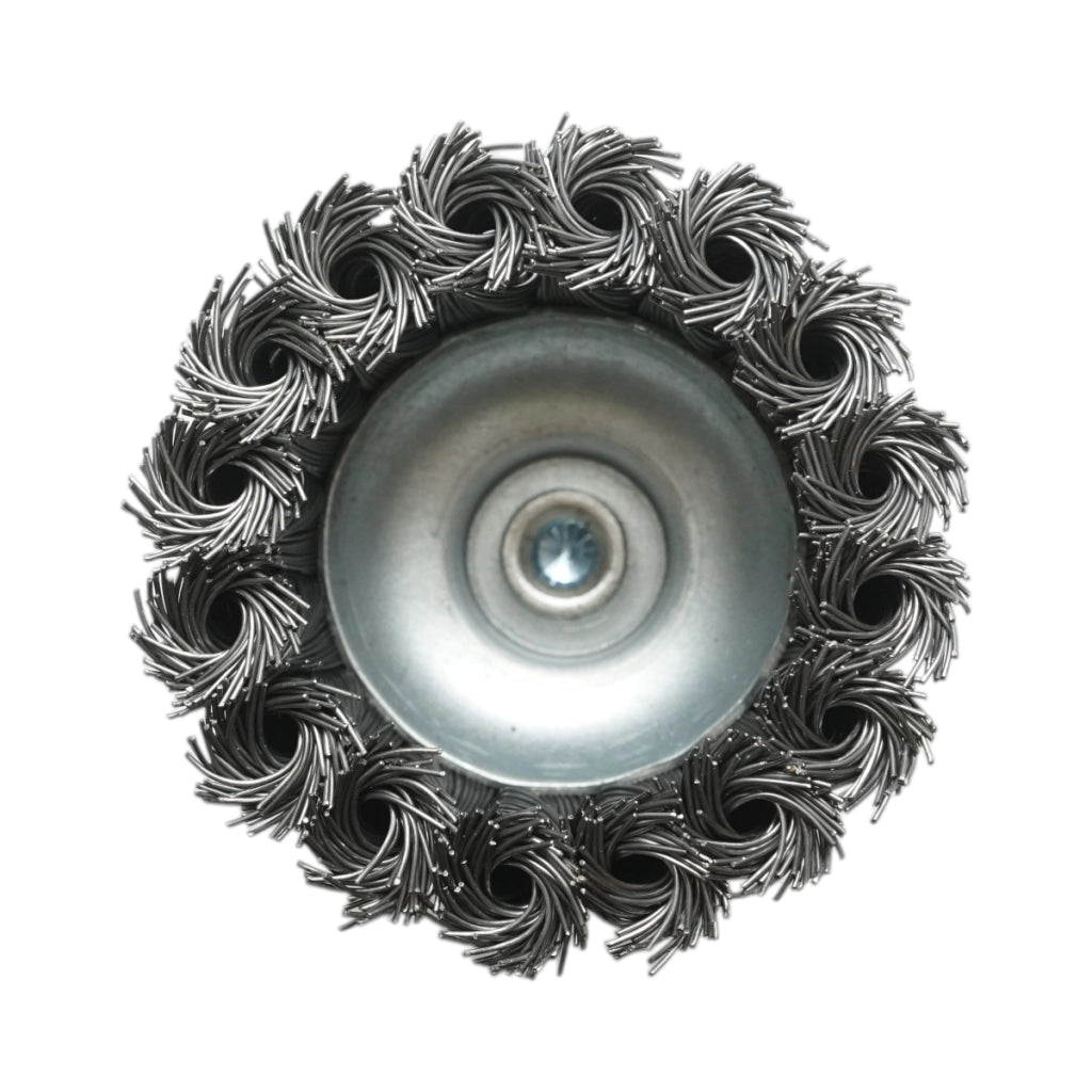 Spazzola a tazza in filo metallico ritorto da 75 mm, albero da 6 mm, velocità massima 4500 giri/min. Breckner Germany