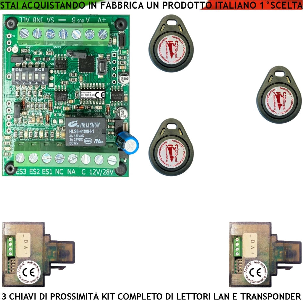 Chiave di Prossimità 2 Lettori su Modulo LAN Universale 501/503 RJ45 3 Chiavi TAG Trasponder Alimentazione 12/24 Vac Relè Scambio 2 A a 24 V Funzione Impulsiva o Stabile Segnale di Stato 4 Led GRVB