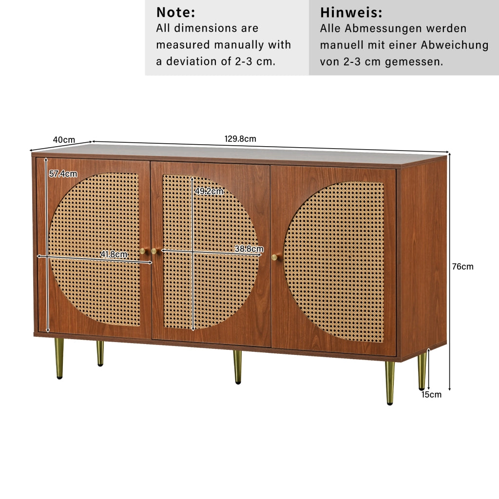Credenza con 3 ante e ripiani regolabili - per soggiorno - in truciolare - 129.8×40×76 cm - noce