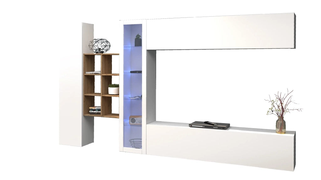 Parete attrezzata sospesa bianca mobile TV libreria vetrina Loane WH