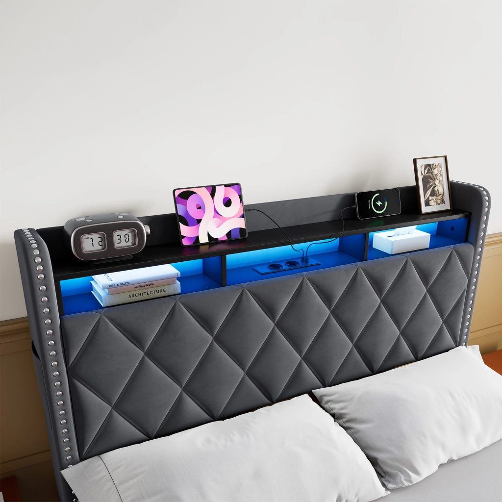 Letto matrimoniale imbottito contenitore grigio scuro 140x200 cm con LED e dock USB