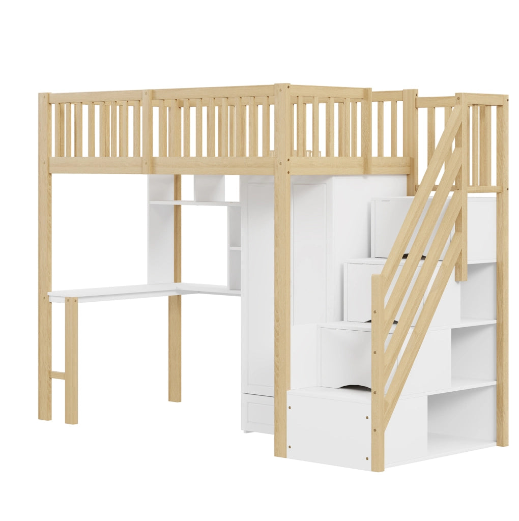 Letto a soppalco 90x200 cm con armadio; scrivania e scala con cassetti; bianco e legno