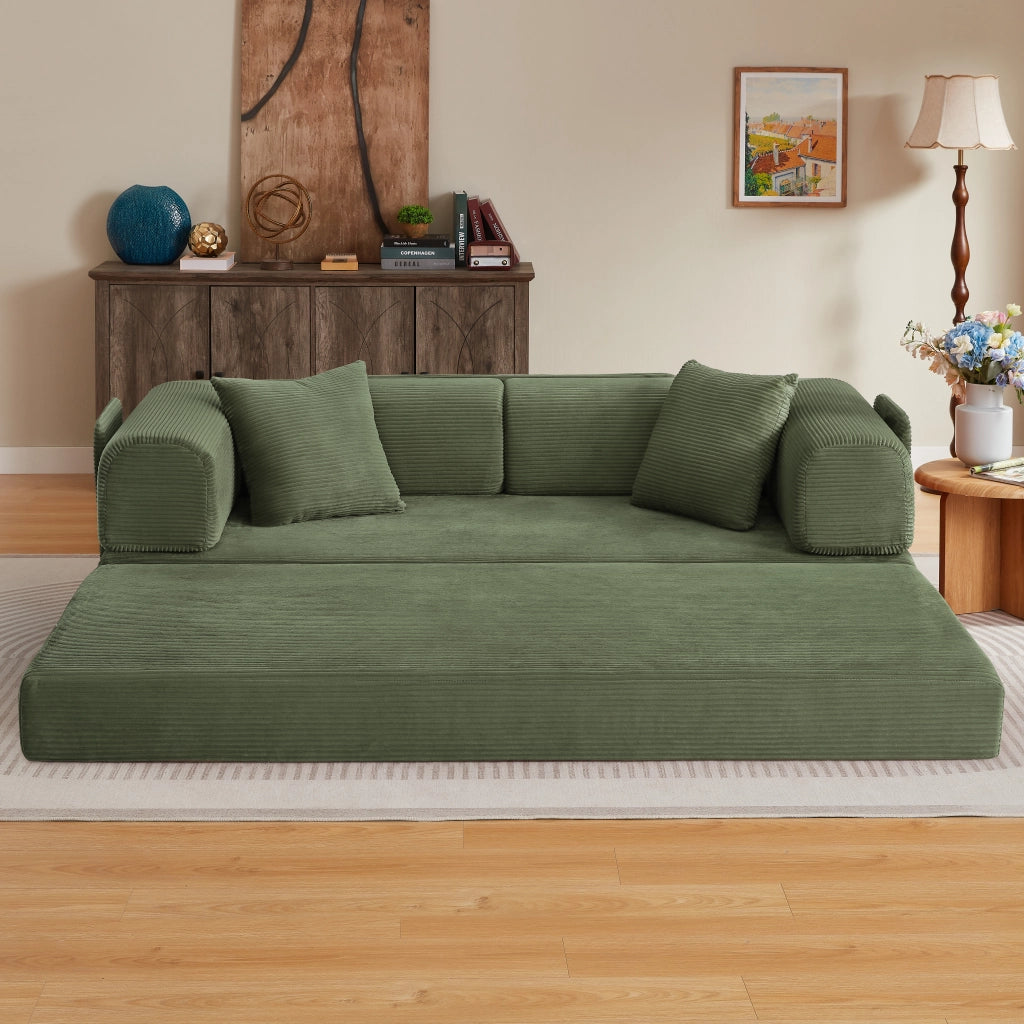 Canapé convertible in schiuma con funzione letto e 2 cuscini, struttura in acciaio da pavimento, per soggiorno, verde