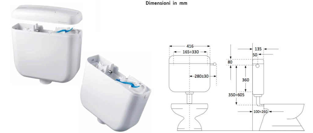 Cassetta WC a Zaino con 2 Pulsanti 48x14x41 cm Forlani Europa 2 Bianca