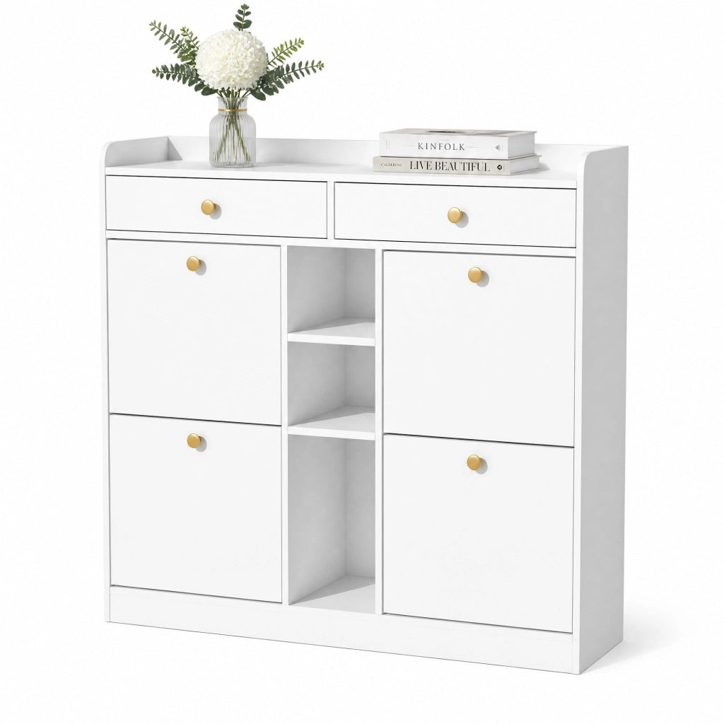 Scarpiera bianca con 4 ante a ribalta; 2 cassetti e 3 vani aperti; 110x26x100 cm