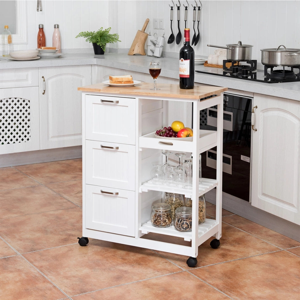 Carrello da cucina in legno di gommaBuffet-Armadio da cucina Carrellino con vassoio 2 mensole e 3 cassetti, Bianco