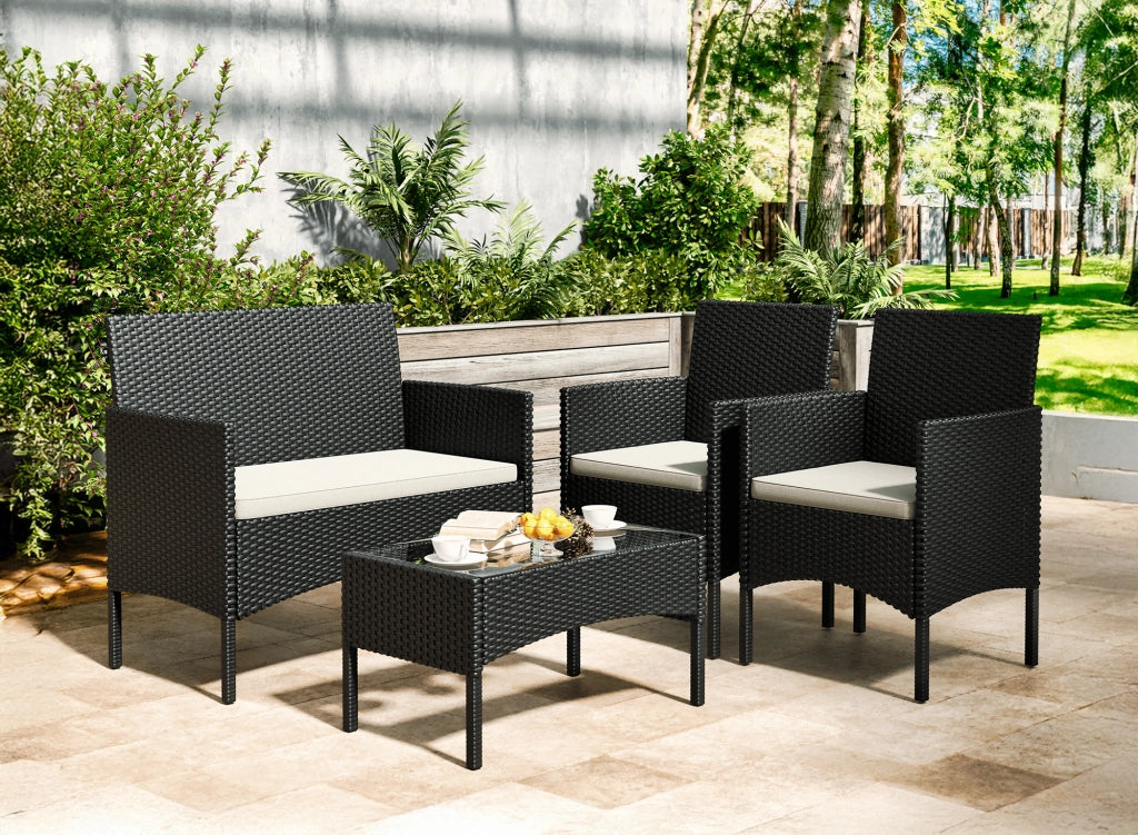 Salotto Da Esterno In Rattan 2 Poltrone 1 Divano 1 Tavolo Giardino Esterno Con Cuscini Terrazzo Patio Salotto Relax Primavera Estate  Mobili Estivi 4 Posti Tavolo Ripiano In Vetro