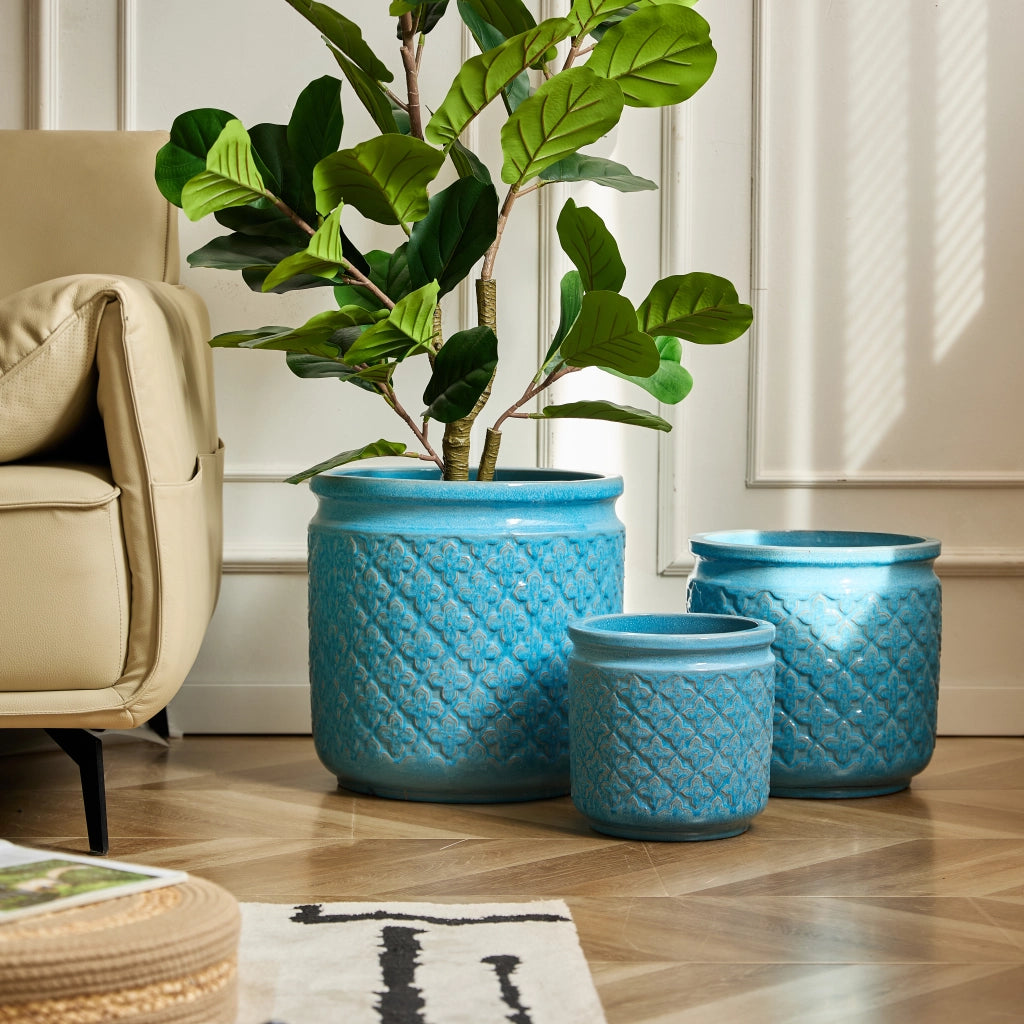Fioriera in ceramica con foro di drenaggio finitura blu anticato per interno e esterno resistente al gelo