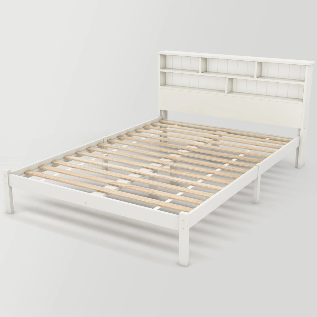 Letti contenitori 140x200 cm con testiera libreria; legno; bianco (Senza materasso)