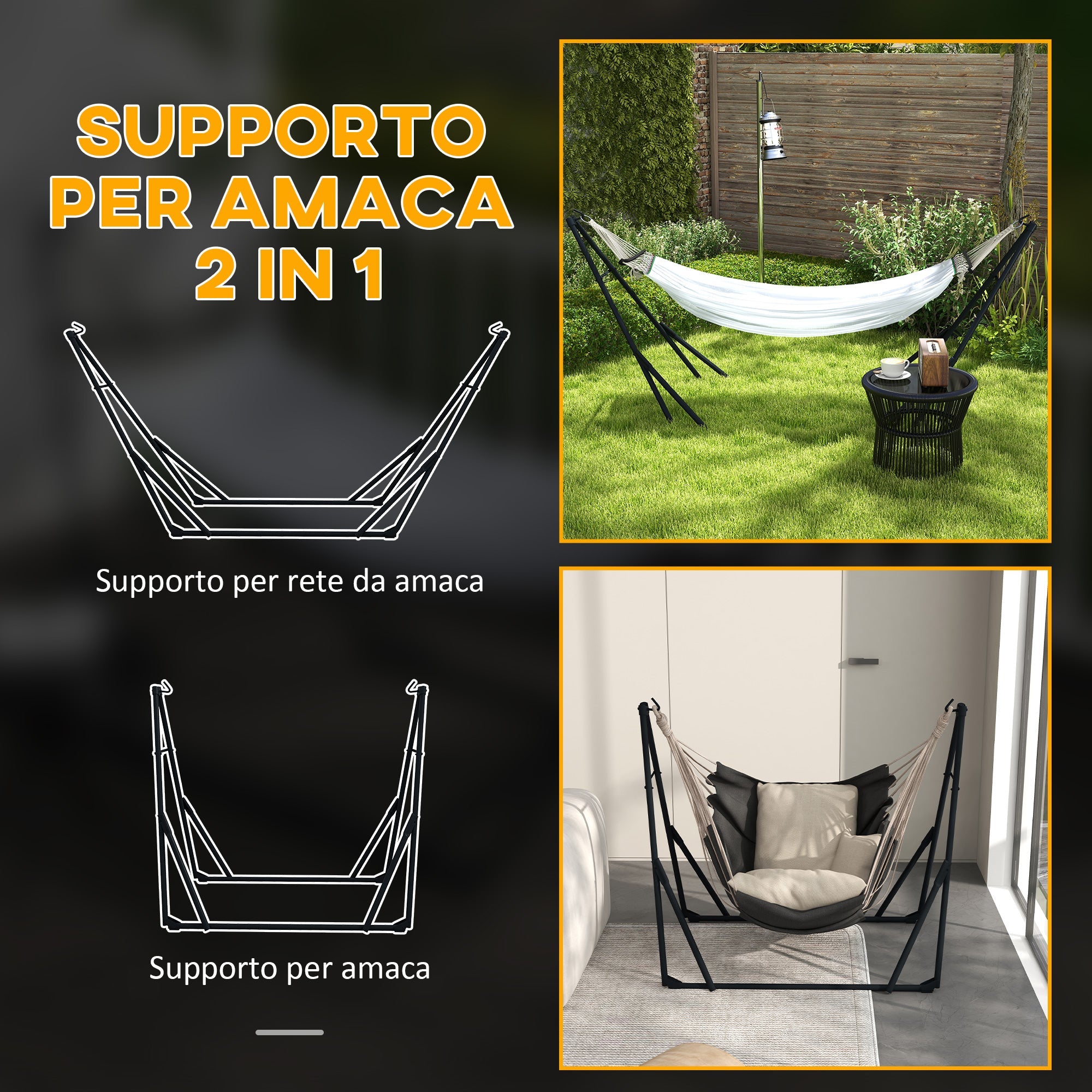 Amaca con Supporto max 120kg 263x89x100 cm in Metallo Borsa Incluse Nero e Bianco