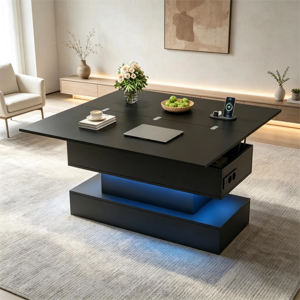 Tavolino da caffè alzabile con LED e presa laterale - per soggiorno - 100×50×51.5 cm - nero
