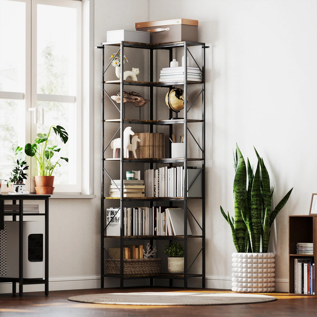 Libreria d'angolo industriale 7 livelli ¨C zephmum ¨C 60x60x198 cm marrone