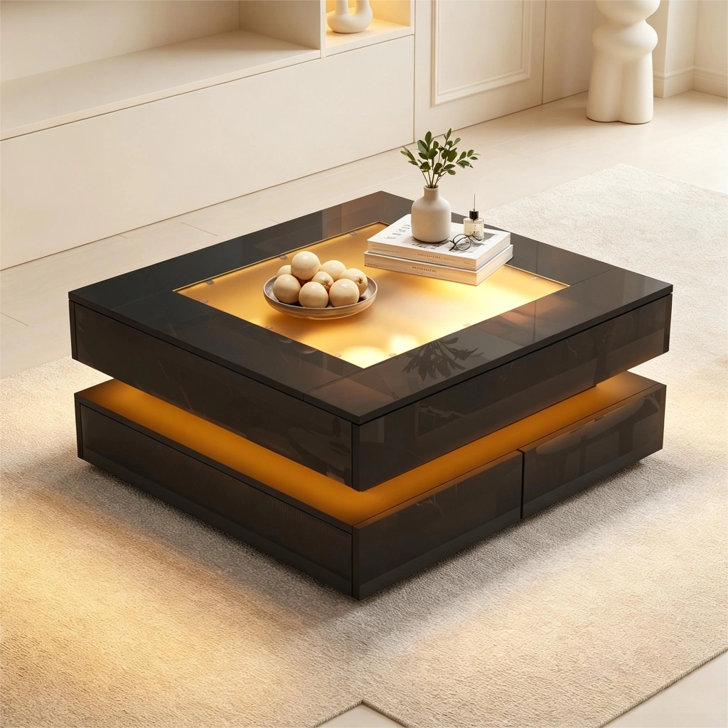 Tavolino da salotto quadrato 70 x 70 x 35 cm con piano in vetro, LED integrata e 3 cassetti, nero