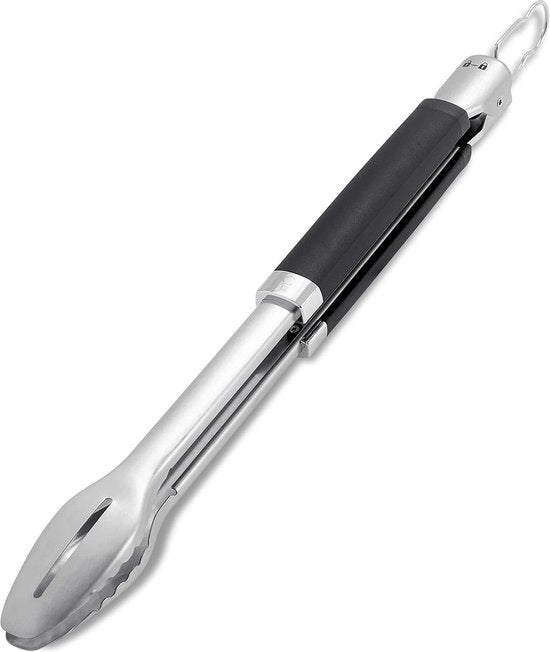 Barbecue a tanga premium (46 cm), in acciaio inossidabile, con manico ergonomico e sistema di chiusura pratico, lavabile in lavastoviglie per facile pulizia, con gancio per appendere, nero/argento