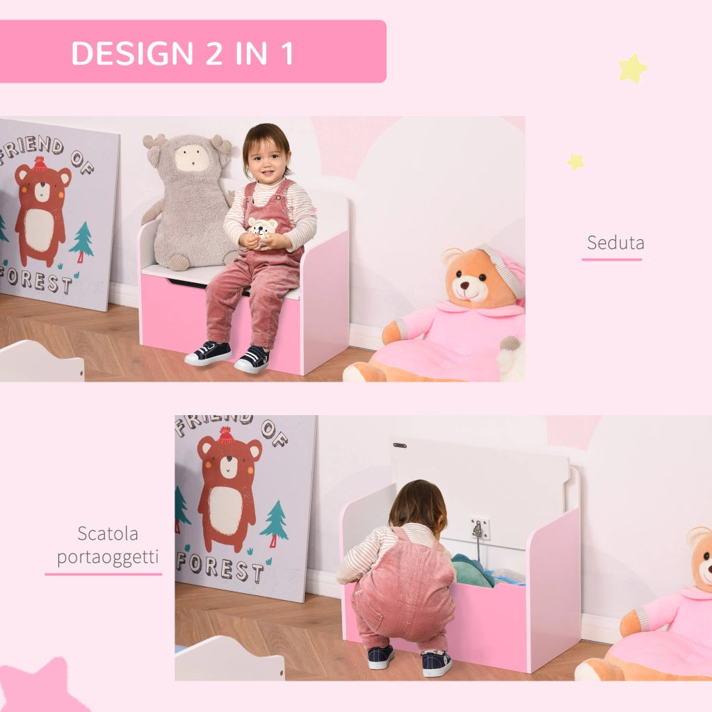 Panca Contenitore per Bambini con Schienale in Legno ¨C zephmum ¨C Rosa 60x30x50
