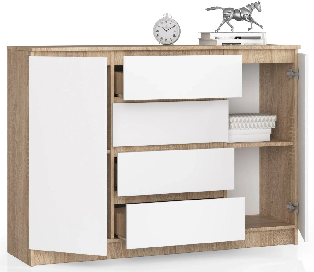 Cassettiera AKORD K140 Sonoma Quercia 138 cm 2 ante 4 cassetti inserto frontale Bianco 138x40x99 cm