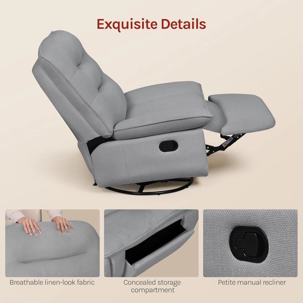 Poltrona Relax Reclinabile Manuale, Girevole e Dondolante, Poltrona con Poggiapiedi Pieghevole e Scomparto Laterale, Tessuto Effetto Lino, per Soggiorno, Grigio Scuro