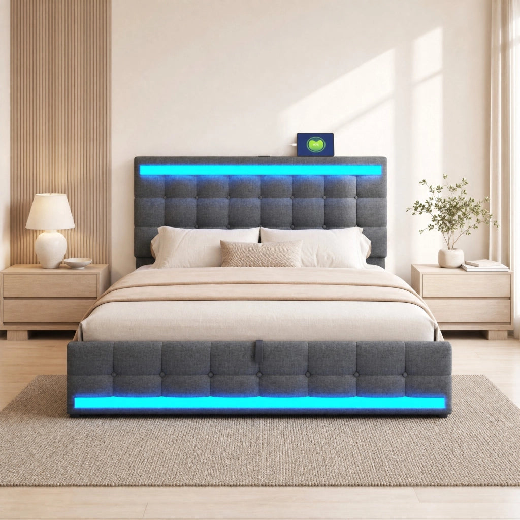 Letto imbottito matrimoniale 180x200 cm con LED RGB, USB integrati e contenitore del comfort moderno, Grigio