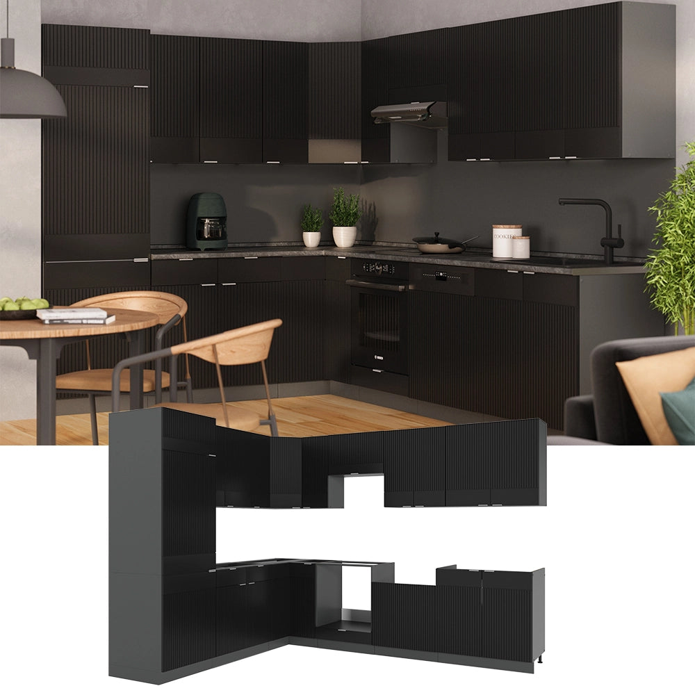 Vicco Cucina angolare completa Nero a righe/antracite 227 x 60 cm senza piano di lavoro