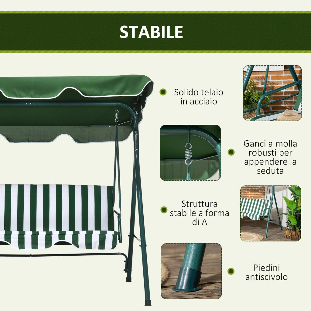 Dondolo da Giardino 3 Posti in Acciaio e Teslin con Tetto ¨C zephmum ¨C 172x110x153 cm, Bianco e Verde