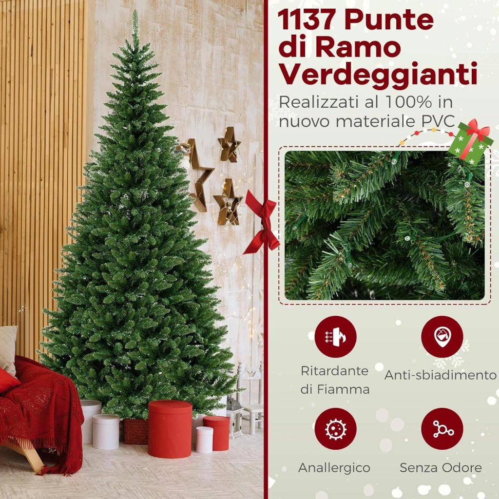 Albero di Natale Artificiale da 240 CM per Angolo, Albero di Natale Pre-illuminato con 360 Luci LED Bianche Calde, 1137 Rami e Supporto in Metallo, Decorazione Festiva Salvaspazio per Casa