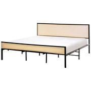 Letto matrimoniale imbottito in tessuto nero con rete a doghe e gambe in legno 180 x 200 cm stile contemporaneo