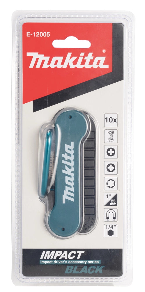 Set Inserti Makita E-12005 Impact Black 10 Pezzi 25 mm Attacco 1/4" Hex con Portainserti Magnetico