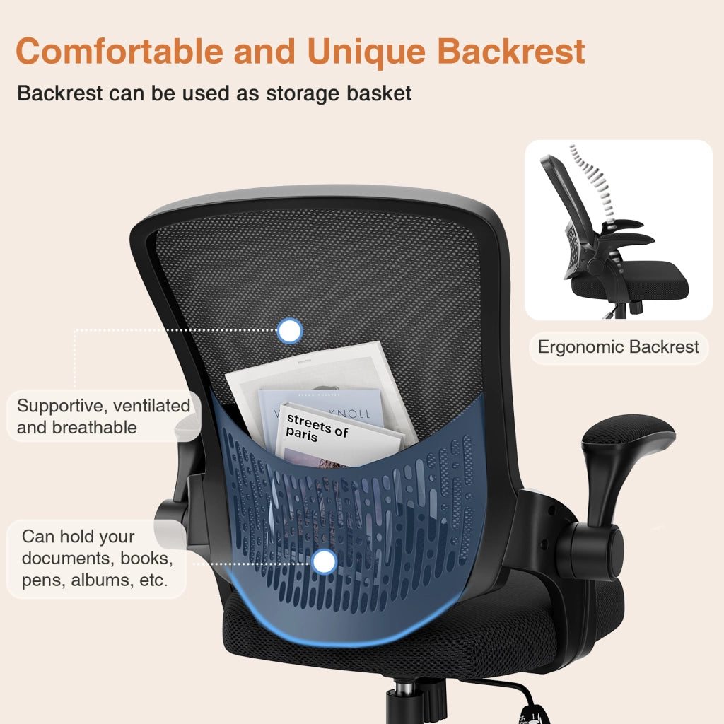 Sedia da ufficio con braccioli -  Sedia da ufficio ergonomica - Su ruote - Sedia girevole regolabile in altezza - Nero