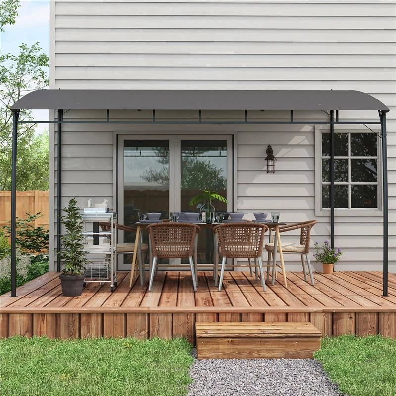 PERGOLA GAZEBO CON 3 FORI DI DRENAGGIO, IN METALLO E POLIESTERE, 400X296X200/262 CM, GRIGIO SCURO