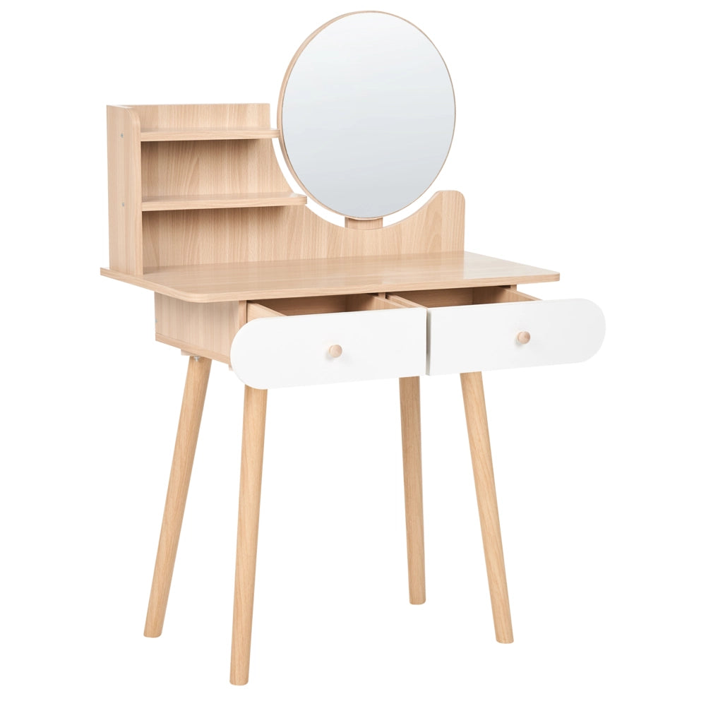 Toeletta in MDF bianco con specchio rotondo, 2 cassetti finitura decorativa effetto legno design scandinavo camera da letto