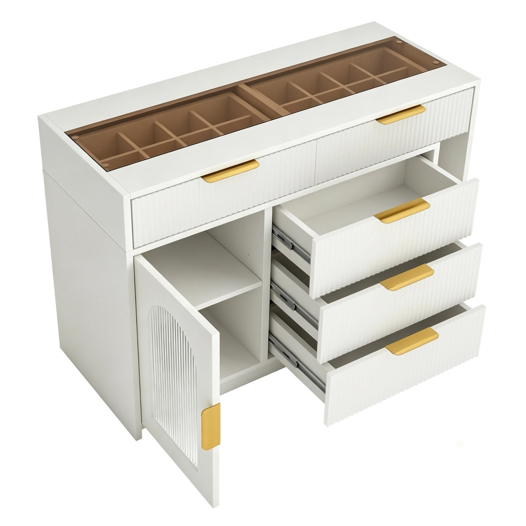 Toeletta, piano in vetro, specchio con illuminazione a LED, allungabile, 75x90-160x40 cm, bianco